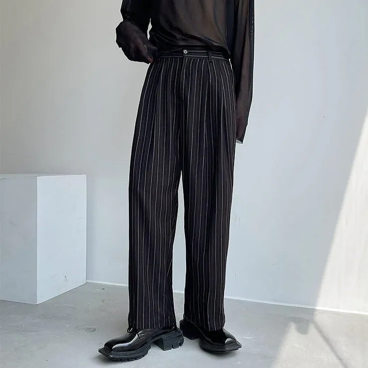 Pleated Wide Leg Trousers with Vertical Stripes