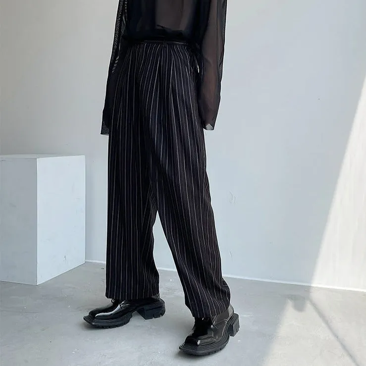 Pleated Wide Leg Trousers with Vertical Stripes