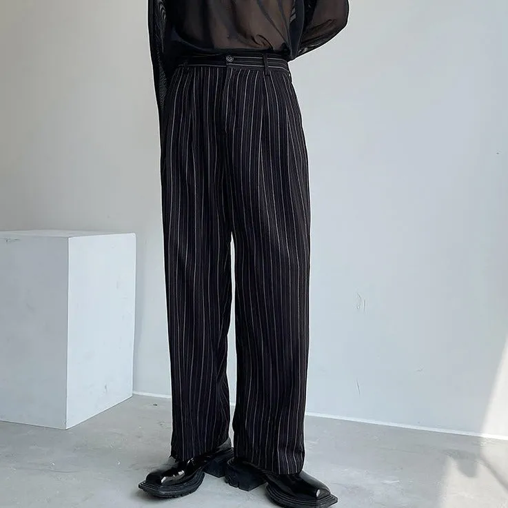 Pleated Wide Leg Trousers with Vertical Stripes
