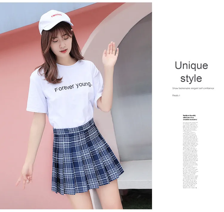 Pleated Women Summer Student Skirt Chequered High Waist Plus Size A-Line Skirt