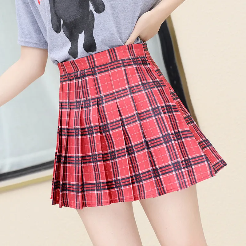 Pleated Women Summer Student Skirt Chequered High Waist Plus Size A-Line Skirt