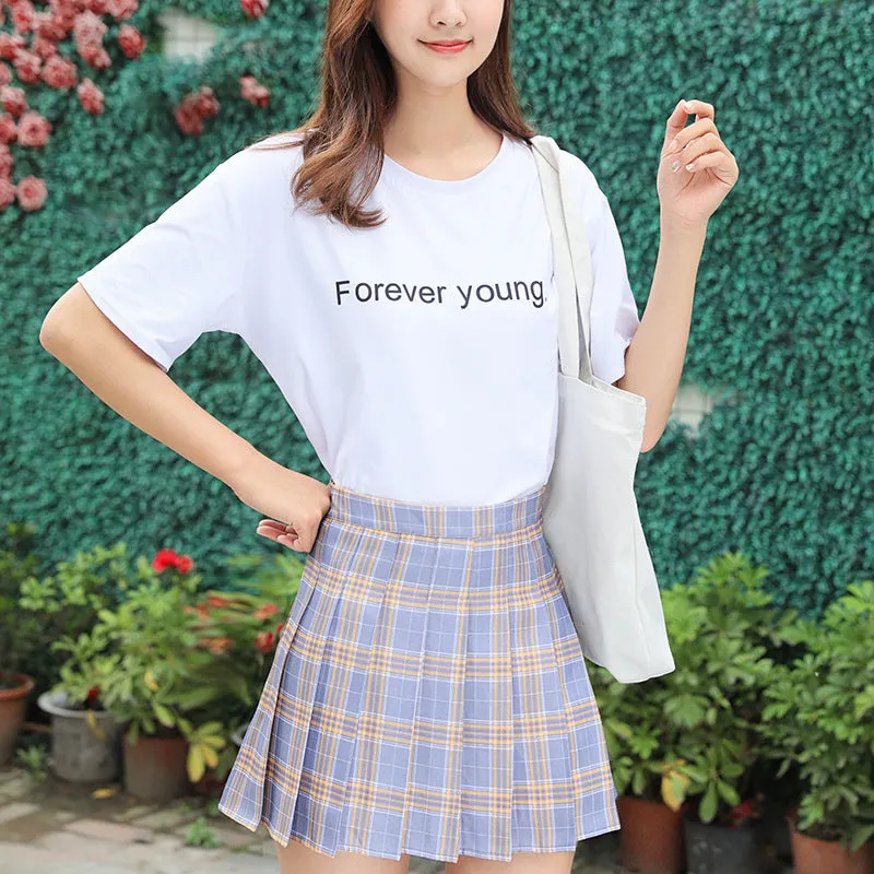 Pleated Women Summer Student Skirt Chequered High Waist Plus Size A-Line Skirt