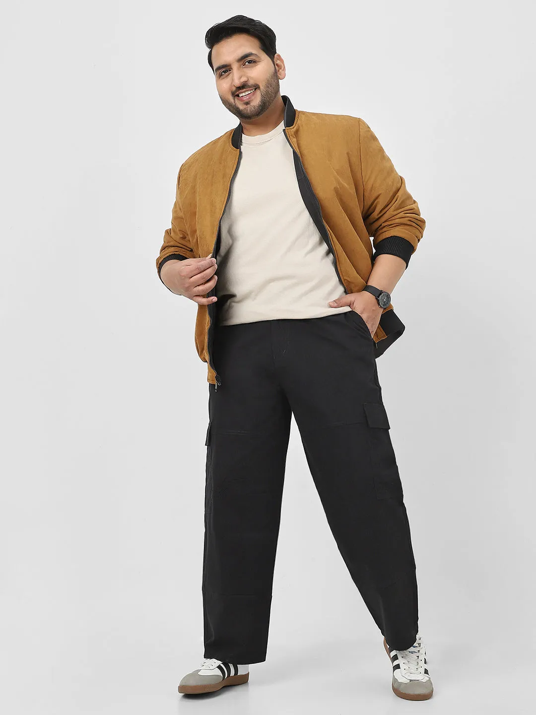 Plus Men's Black Loose Baggy Fit Solid Cargo Chino Pant with 6 Pockets Non-Stretchable