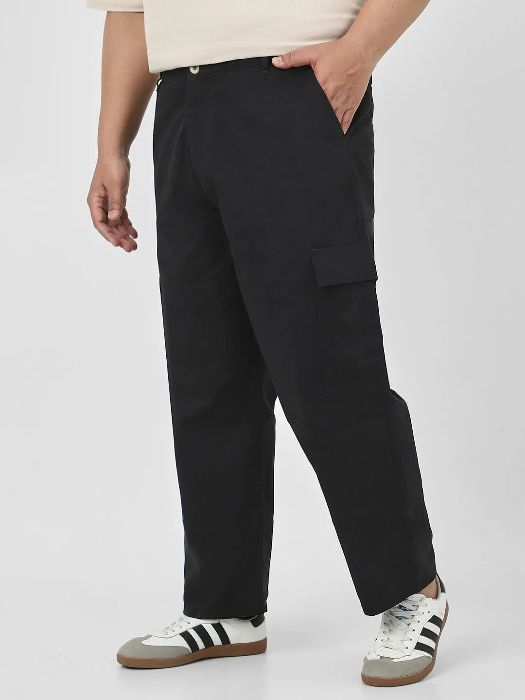 Plus Men's Black Loose Baggy Fit Solid Cargo Chino Pant with 6 Pockets Non-Stretchable