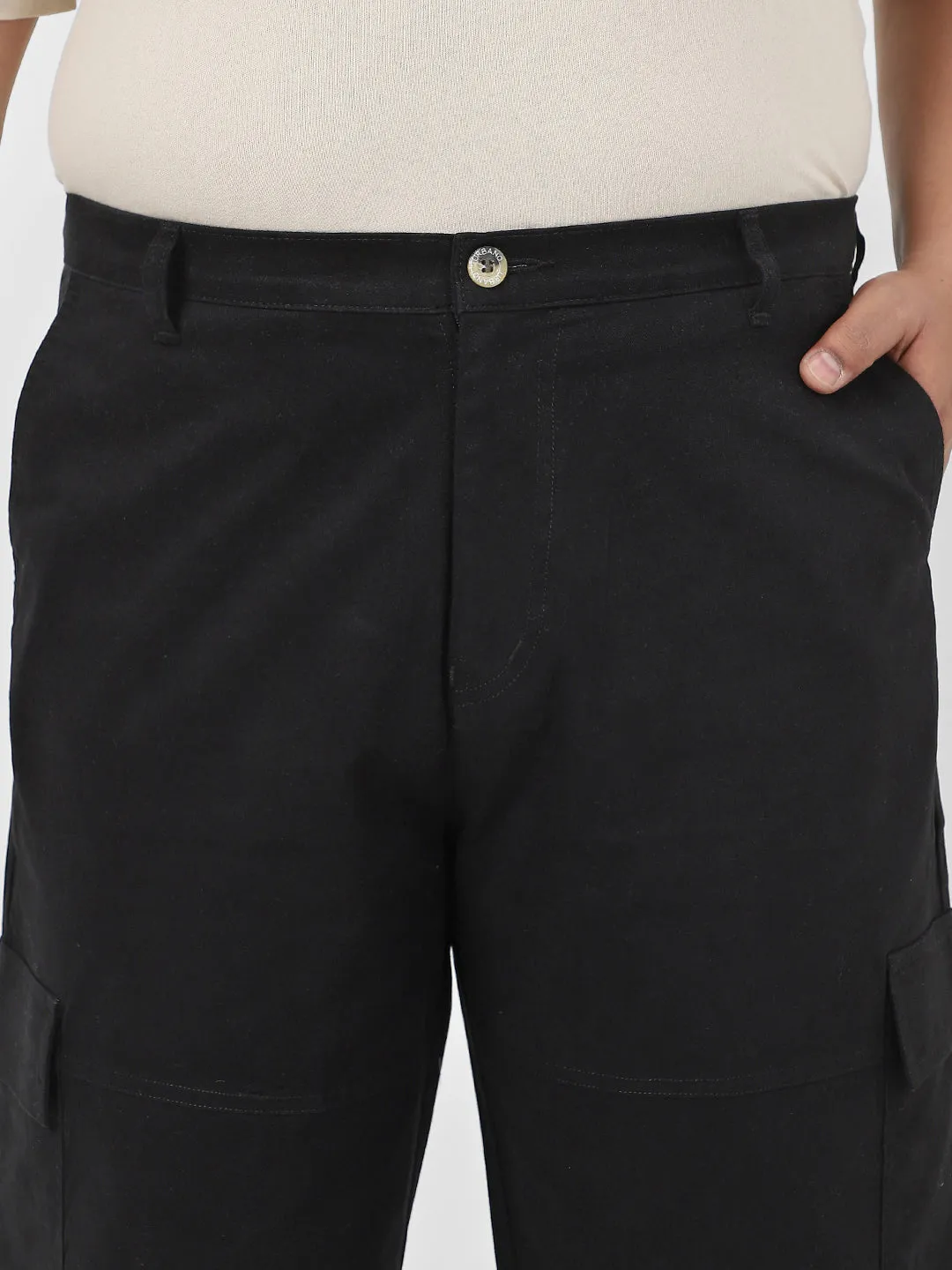 Plus Men's Black Loose Baggy Fit Solid Cargo Chino Pant with 6 Pockets Non-Stretchable