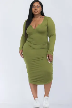 Plus Olive Scoop Neck Long Sleeve Bodycon Dress