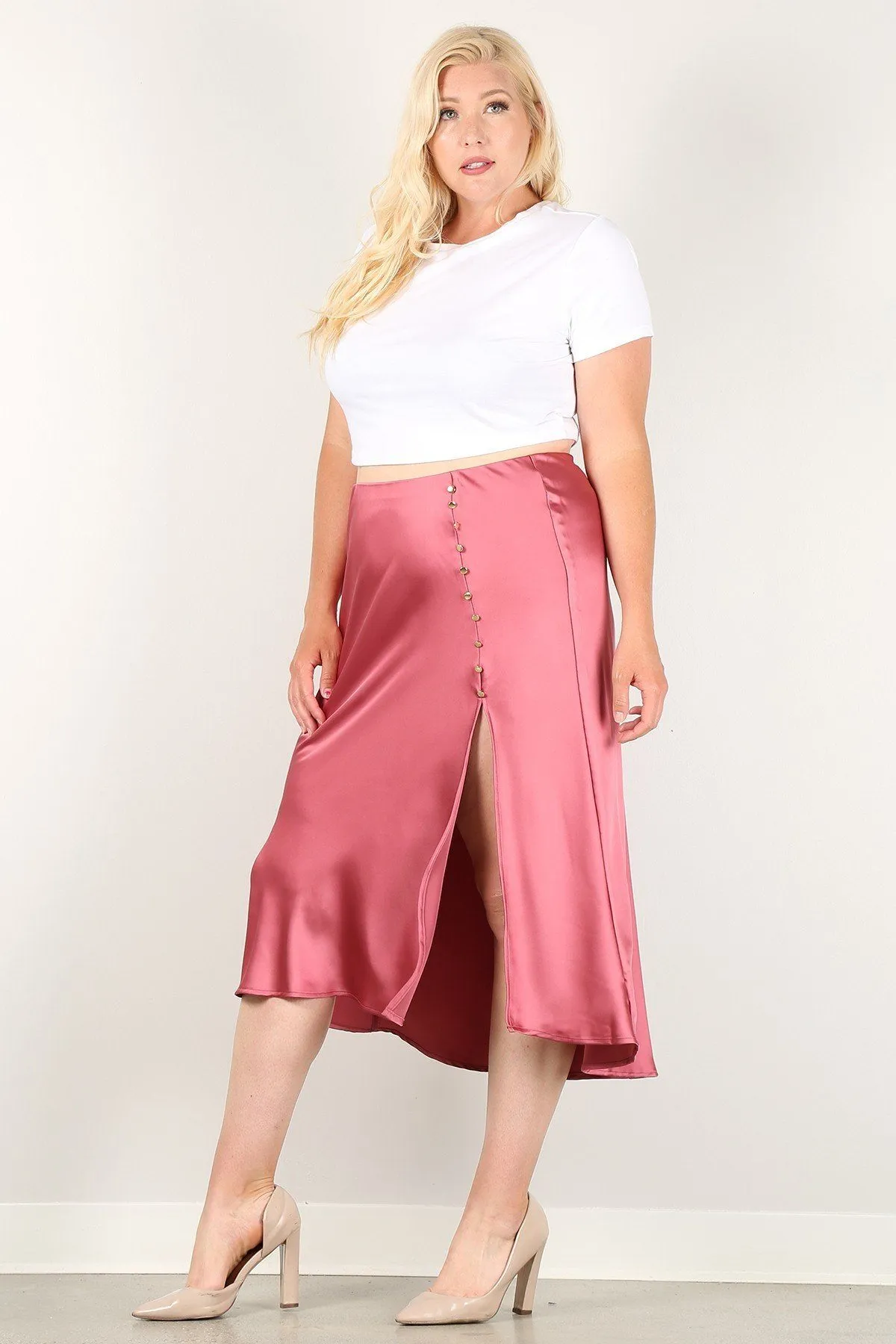 Plus Pink Button Detail Side Slit Midi Skirt