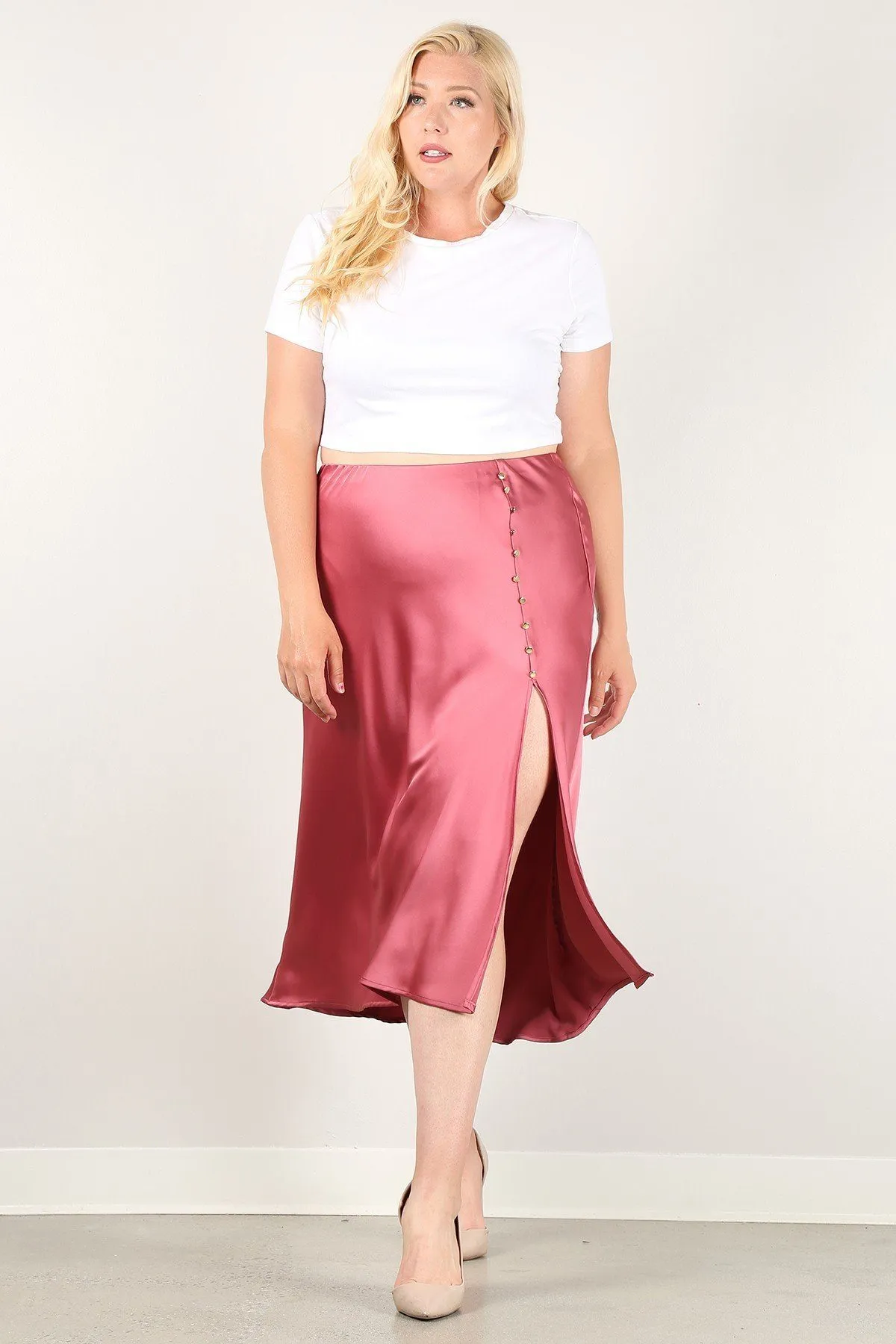 Plus Pink Button Detail Side Slit Midi Skirt