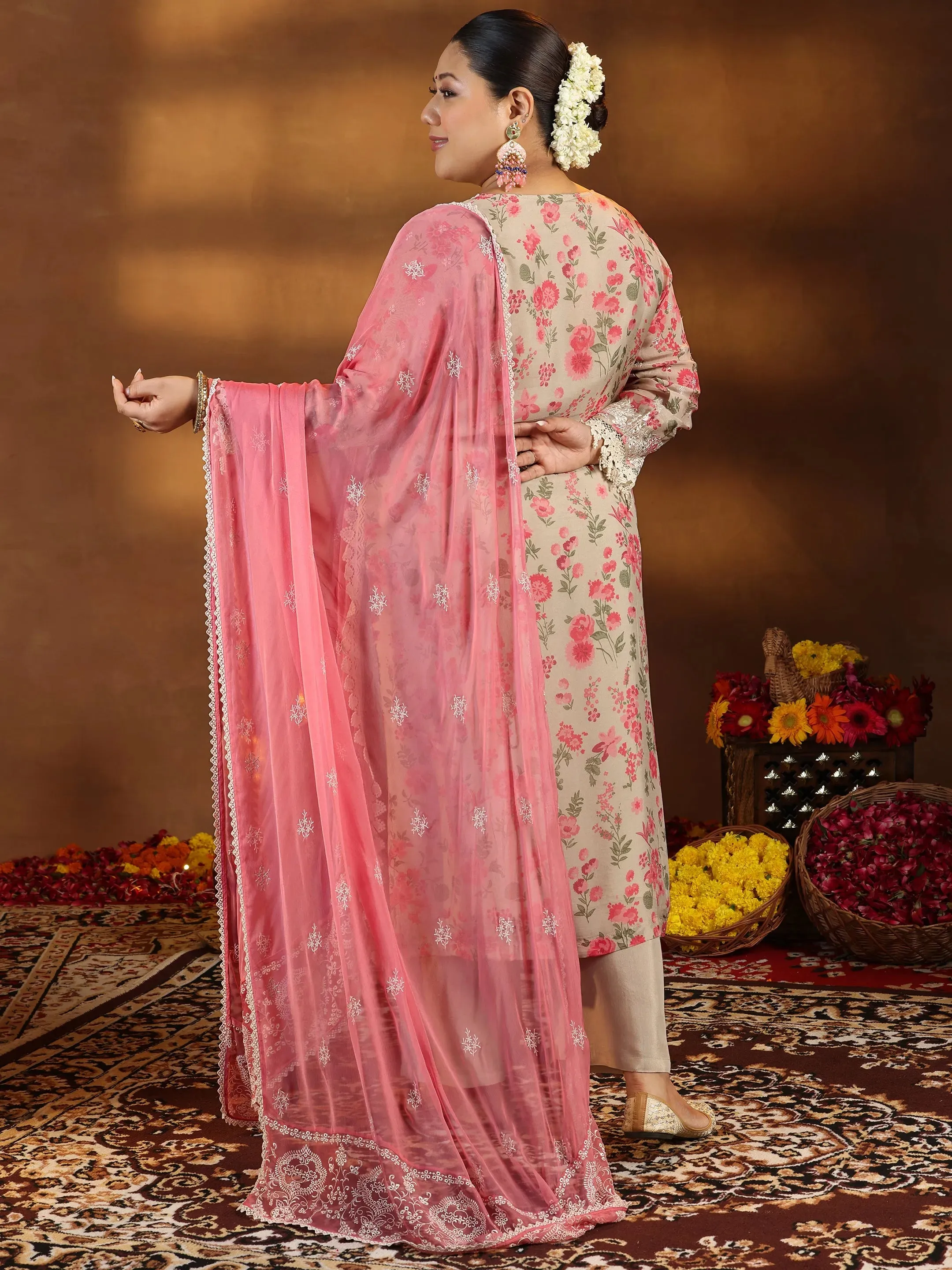 Plus Size Beige Printed Organza Straight Suit With Dupatta