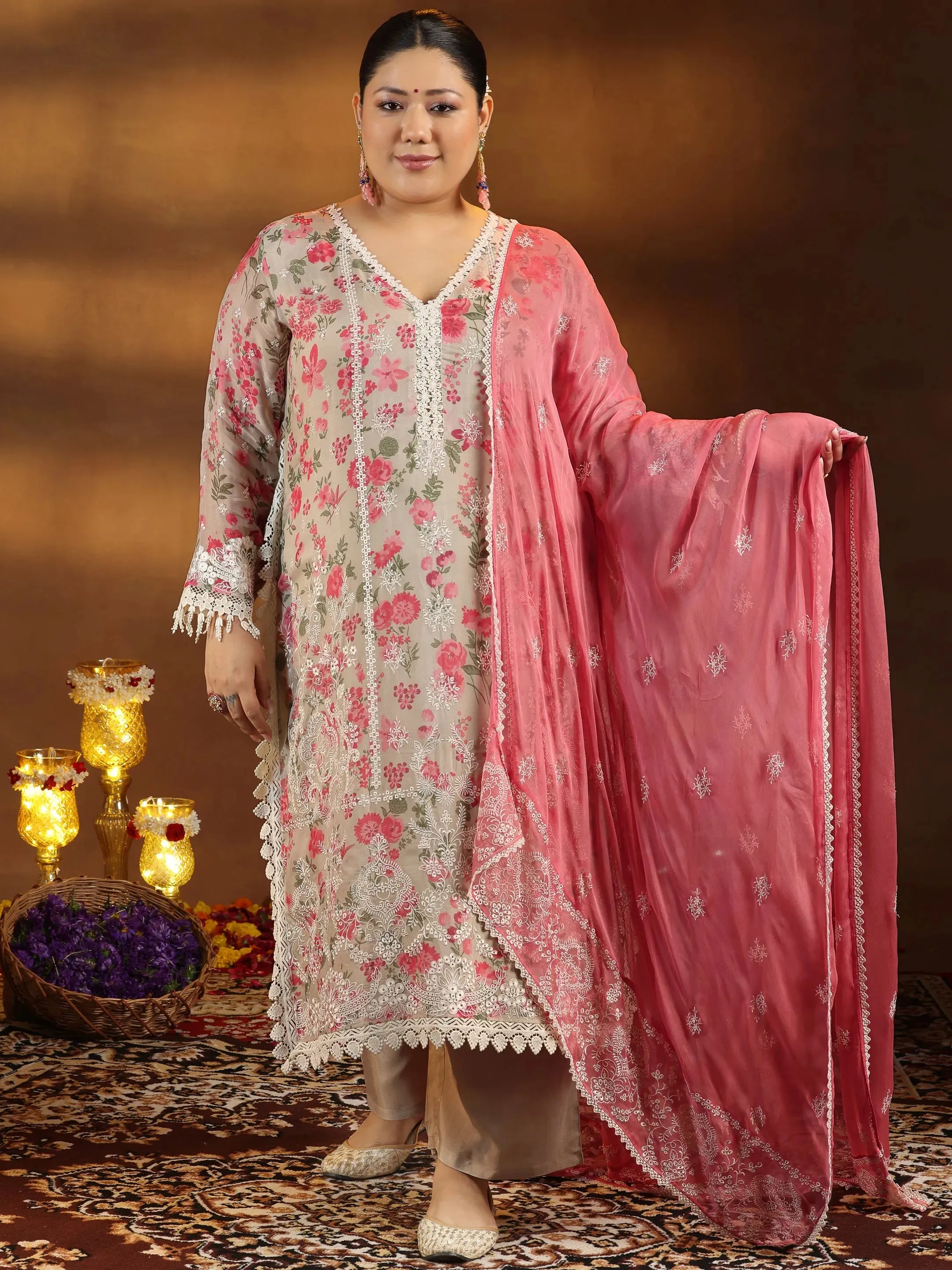 Plus Size Beige Printed Organza Straight Suit With Dupatta