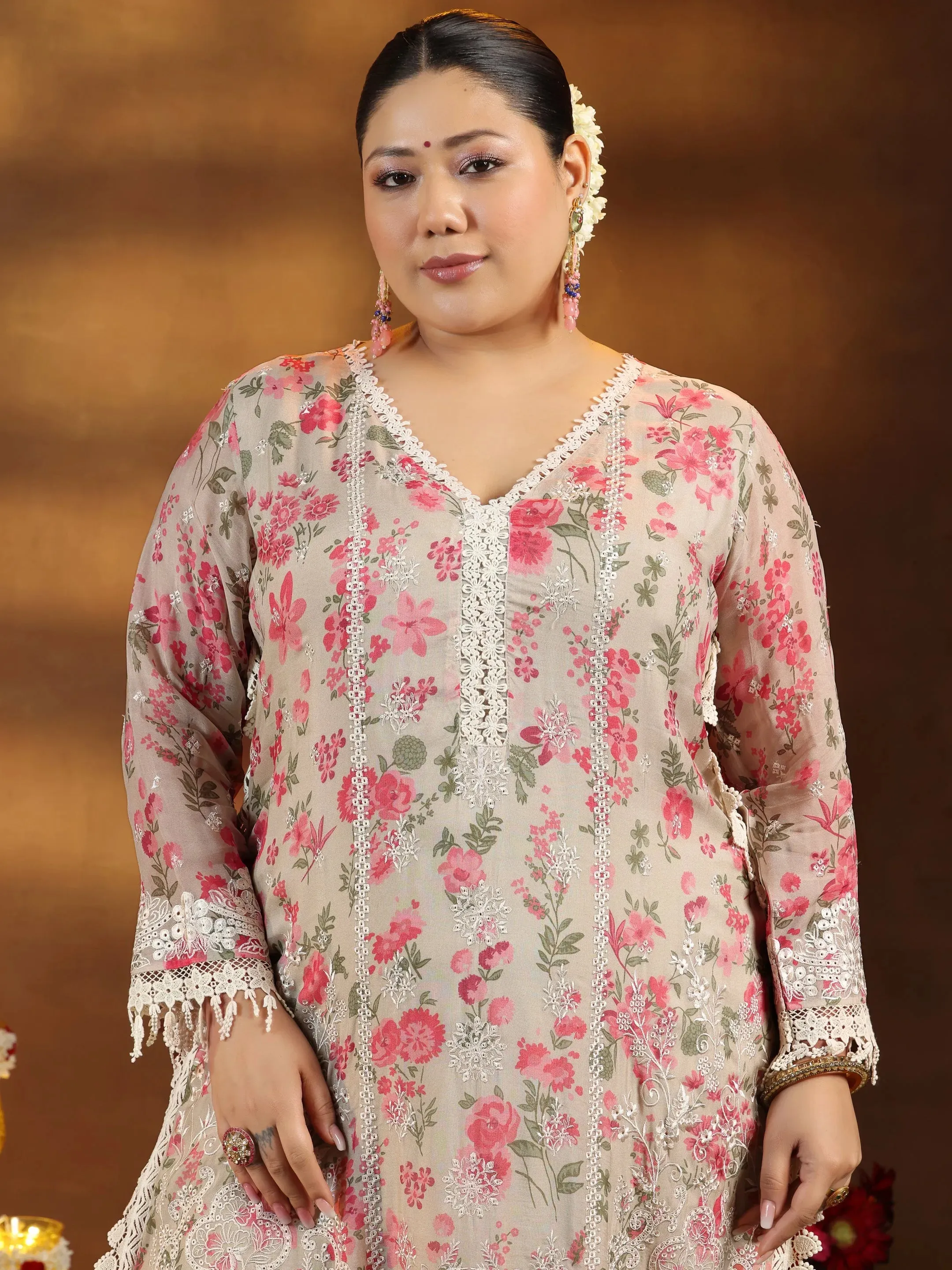 Plus Size Beige Printed Organza Straight Suit With Dupatta