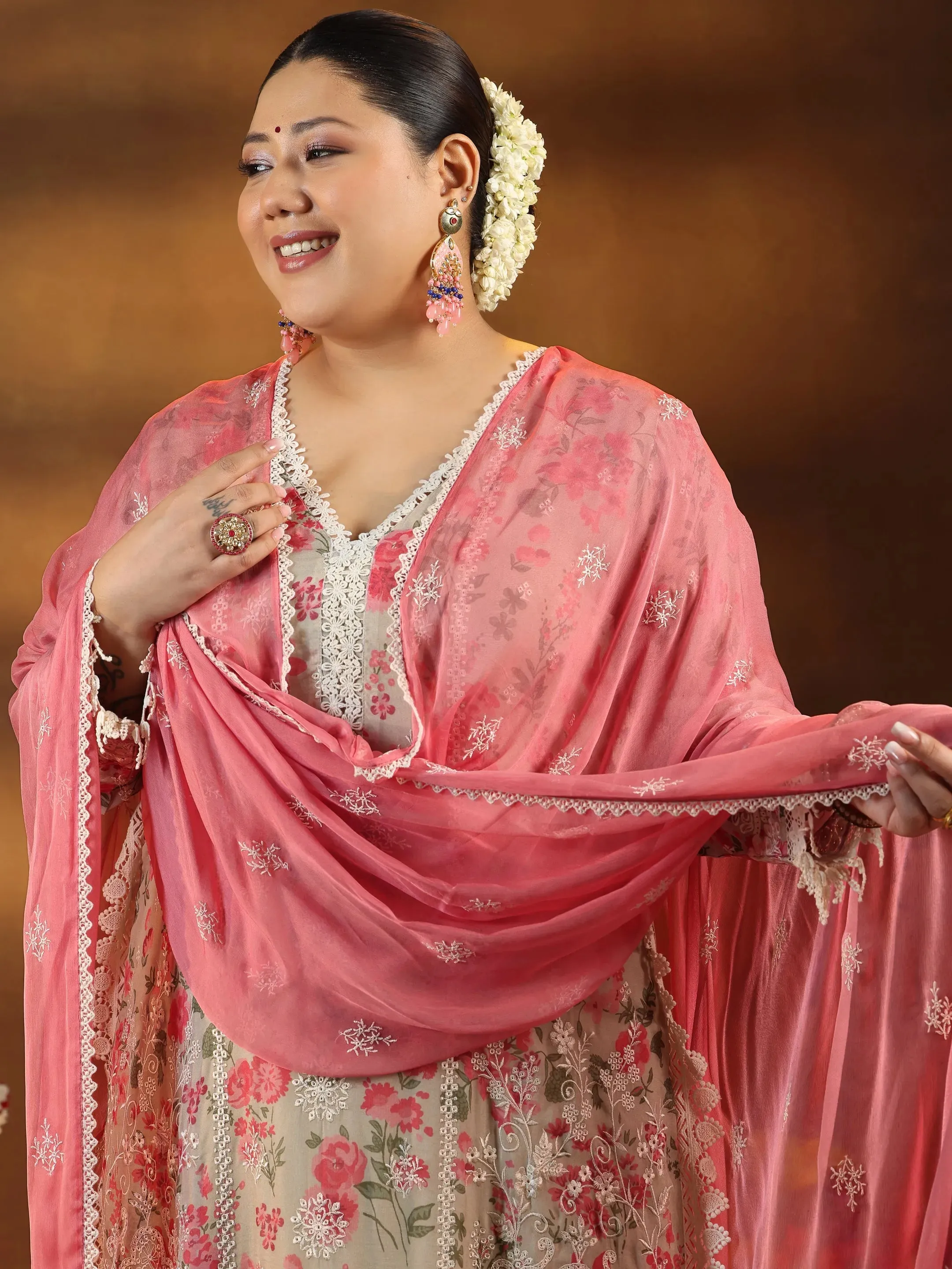 Plus Size Beige Printed Organza Straight Suit With Dupatta