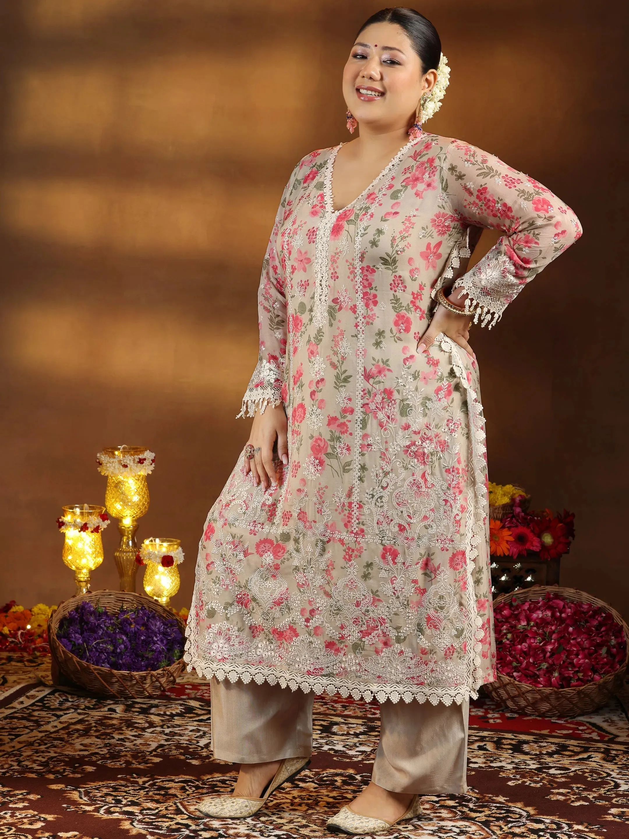 Plus Size Beige Printed Organza Straight Suit With Dupatta