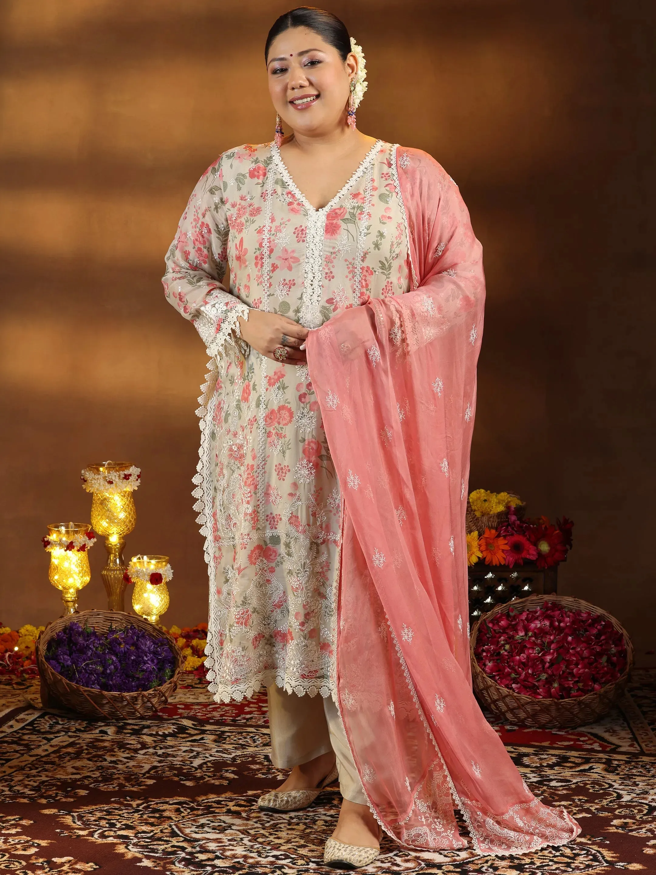 Plus Size Beige Printed Organza Straight Suit With Dupatta