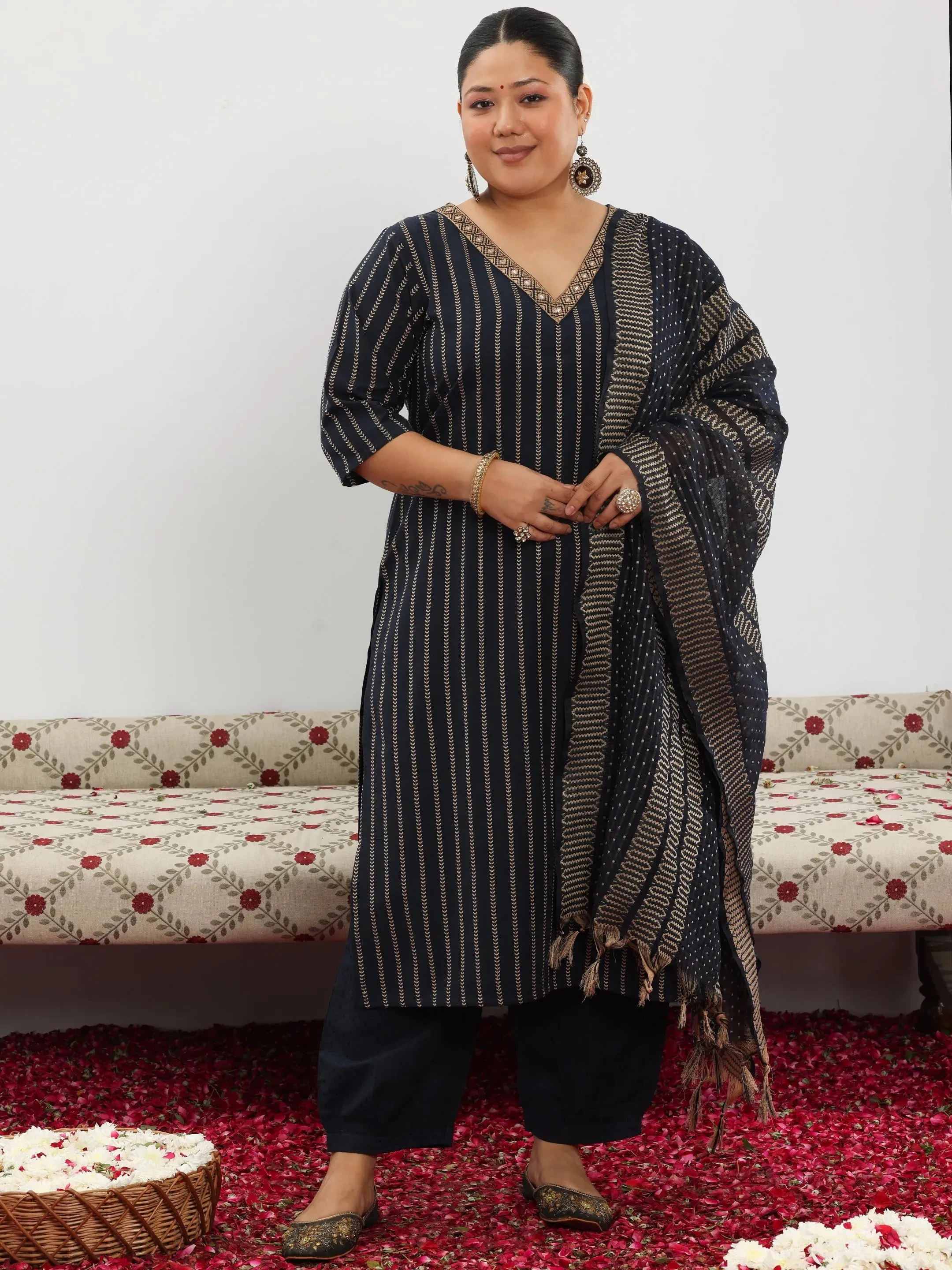 Plus Size Black Woven Design Cotton Blend Straight Suit With Dupatta