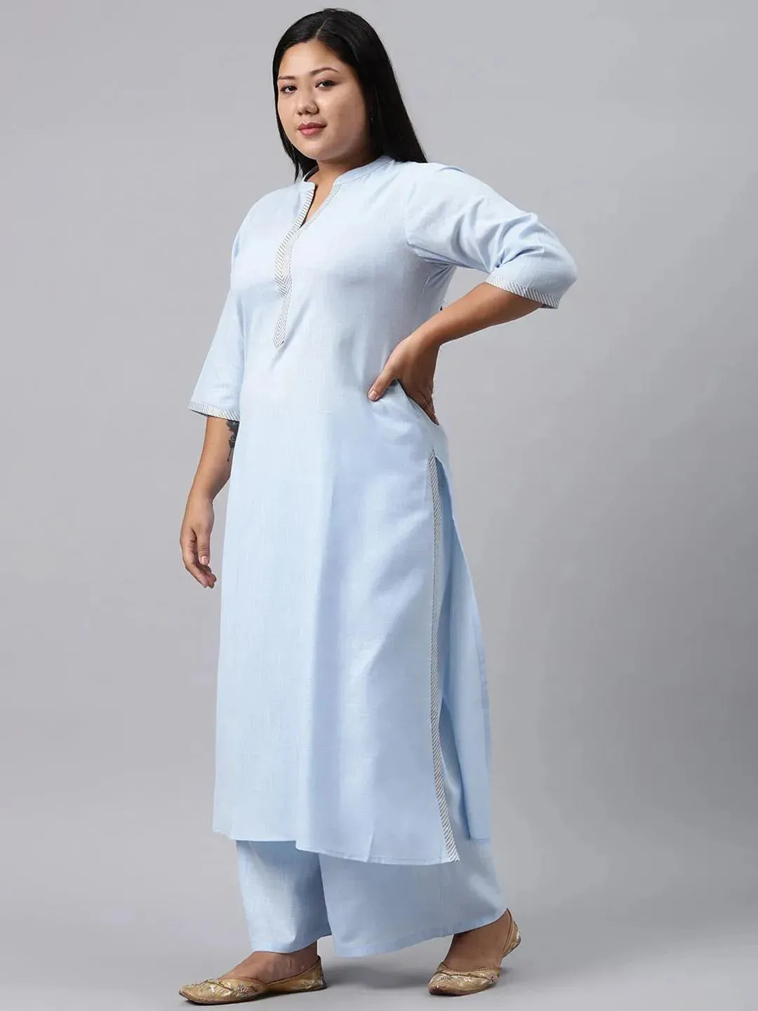 Plus Size Blue Solid Cotton Straight Kurta With Palazzos & Dupatta