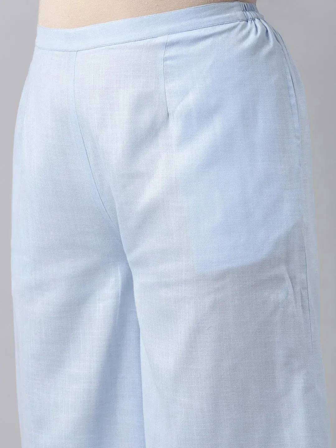 Plus Size Blue Solid Cotton Straight Kurta With Palazzos & Dupatta
