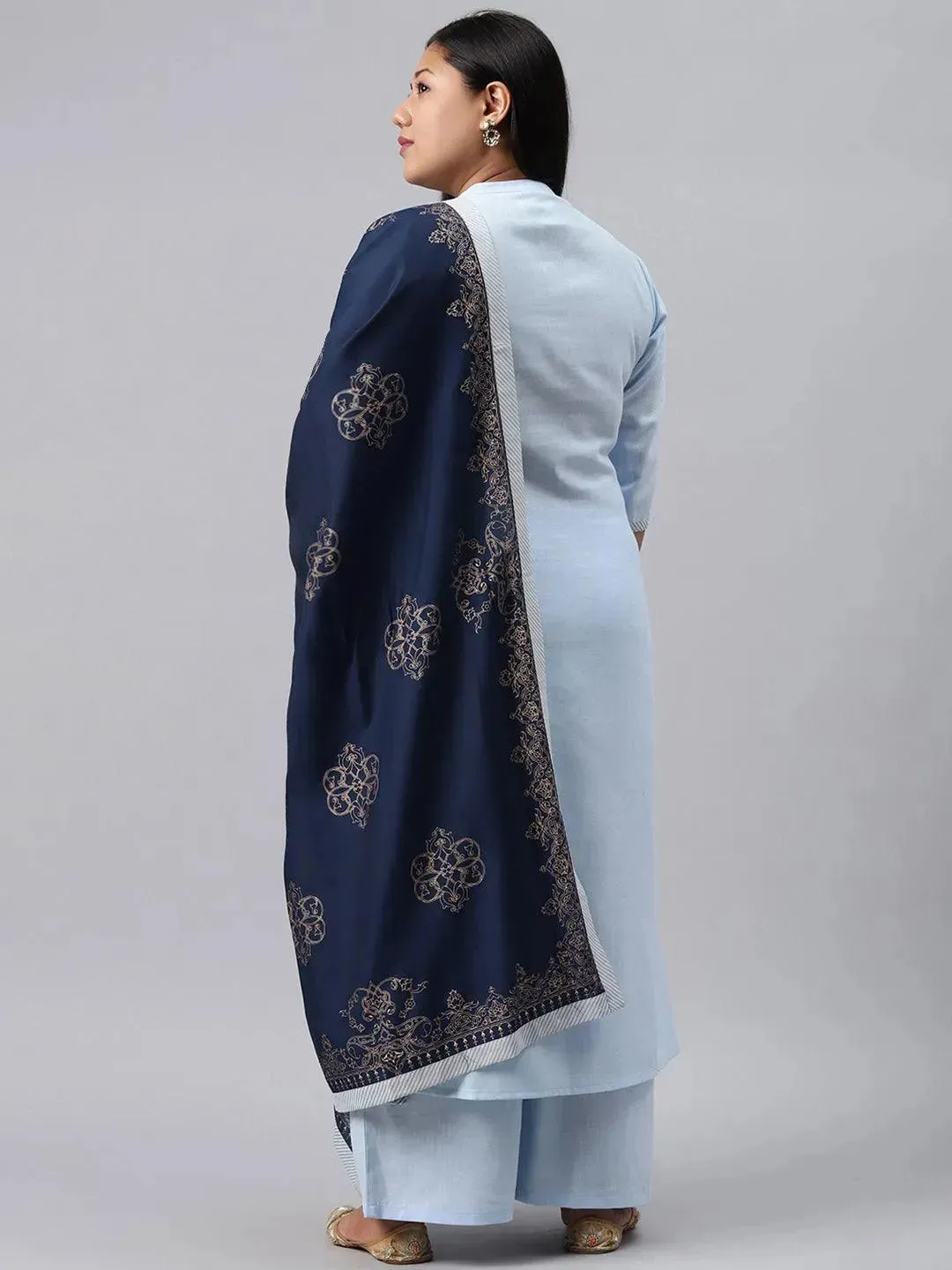 Plus Size Blue Solid Cotton Straight Kurta With Palazzos & Dupatta