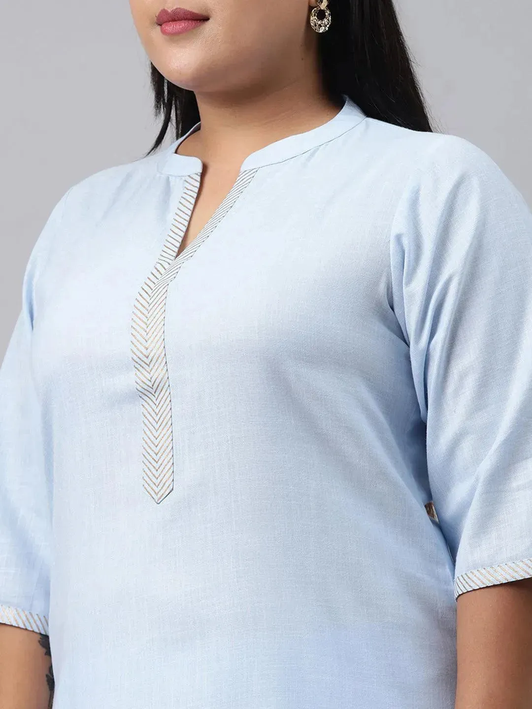 Plus Size Blue Solid Cotton Straight Kurta With Palazzos & Dupatta
