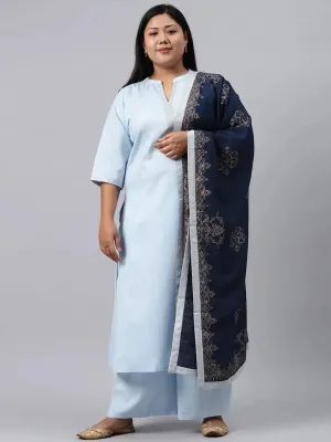 Plus Size Blue Solid Cotton Straight Kurta With Palazzos & Dupatta