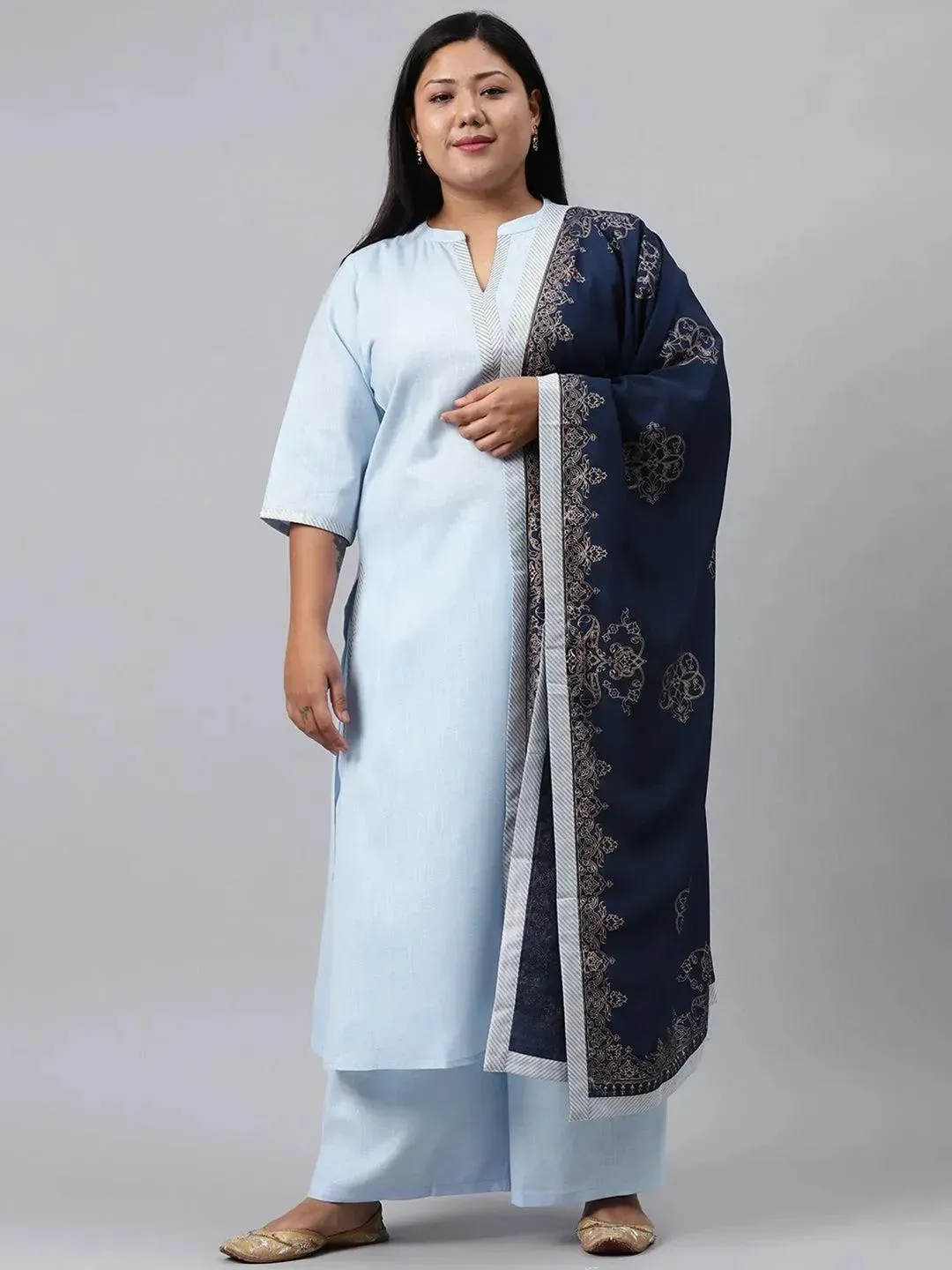 Plus Size Blue Solid Cotton Straight Kurta With Palazzos & Dupatta