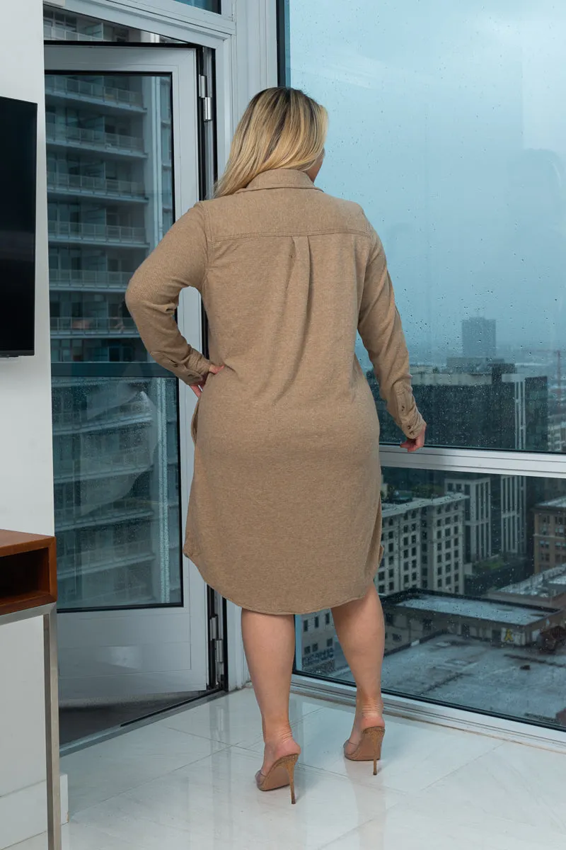 Plus Size Button Down Midi Shirt Dress With Spread Collar and Side Pockets* (C2KDSL22013FRG-PLUS)