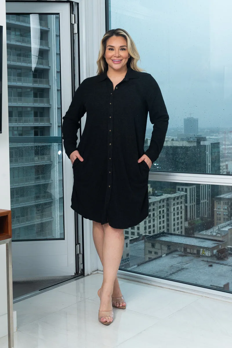 Plus Size Button Down Midi Shirt Dress With Spread Collar and Side Pockets* (C2KDSL22013FRG-PLUS)