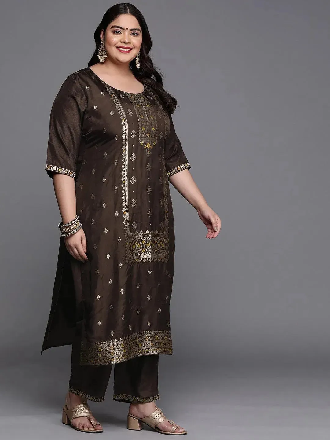 Plus Size Coffee Self Design Silk Blend Straight Kurta With Dupatta