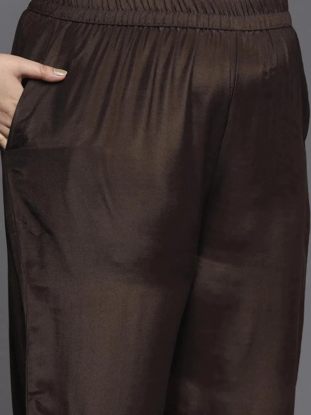 Plus Size Coffee Self Design Silk Blend Straight Kurta With Dupatta