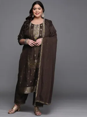 Plus Size Coffee Self Design Silk Blend Straight Kurta With Dupatta