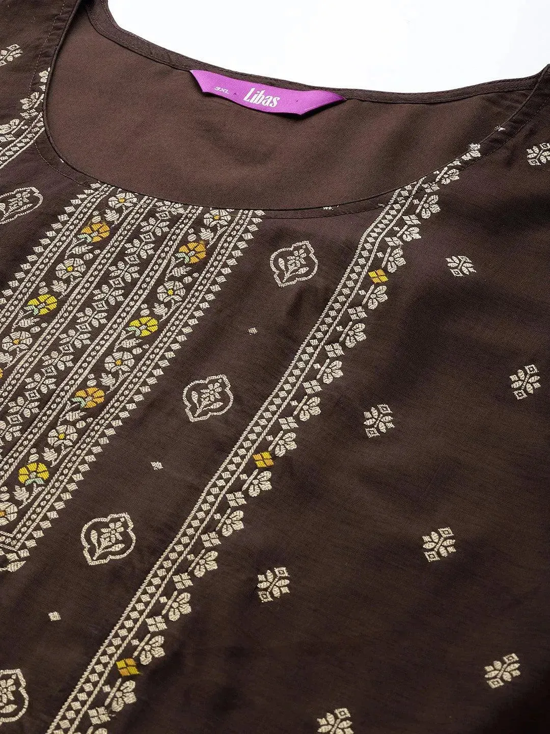 Plus Size Coffee Self Design Silk Blend Straight Kurta With Dupatta