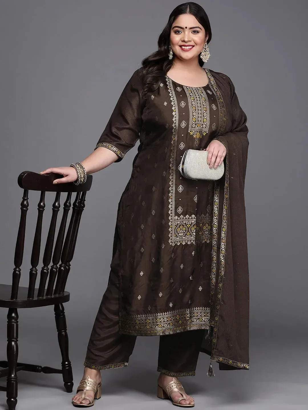 Plus Size Coffee Self Design Silk Blend Straight Kurta With Dupatta