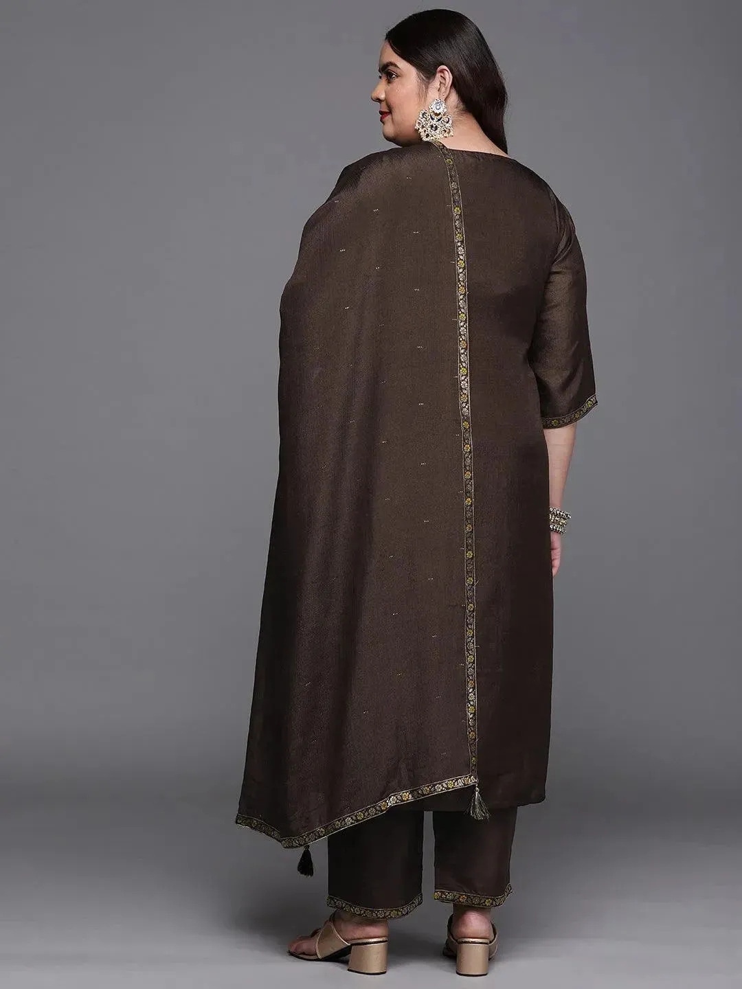 Plus Size Coffee Self Design Silk Blend Straight Kurta With Dupatta