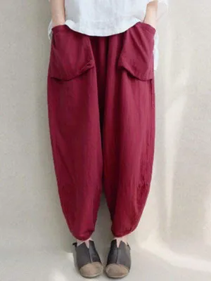 Plus size cotton linen cropped trousers