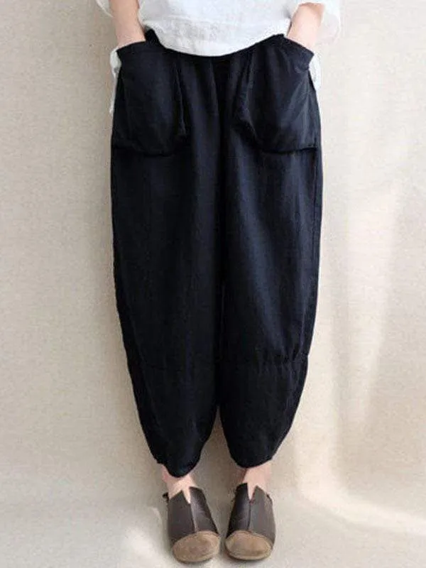 Plus size cotton linen cropped trousers