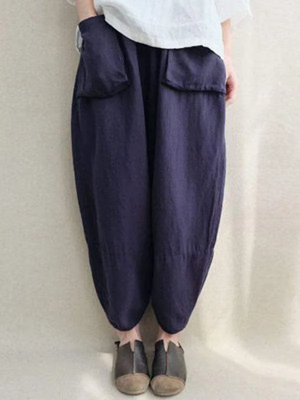 Plus size cotton linen cropped trousers