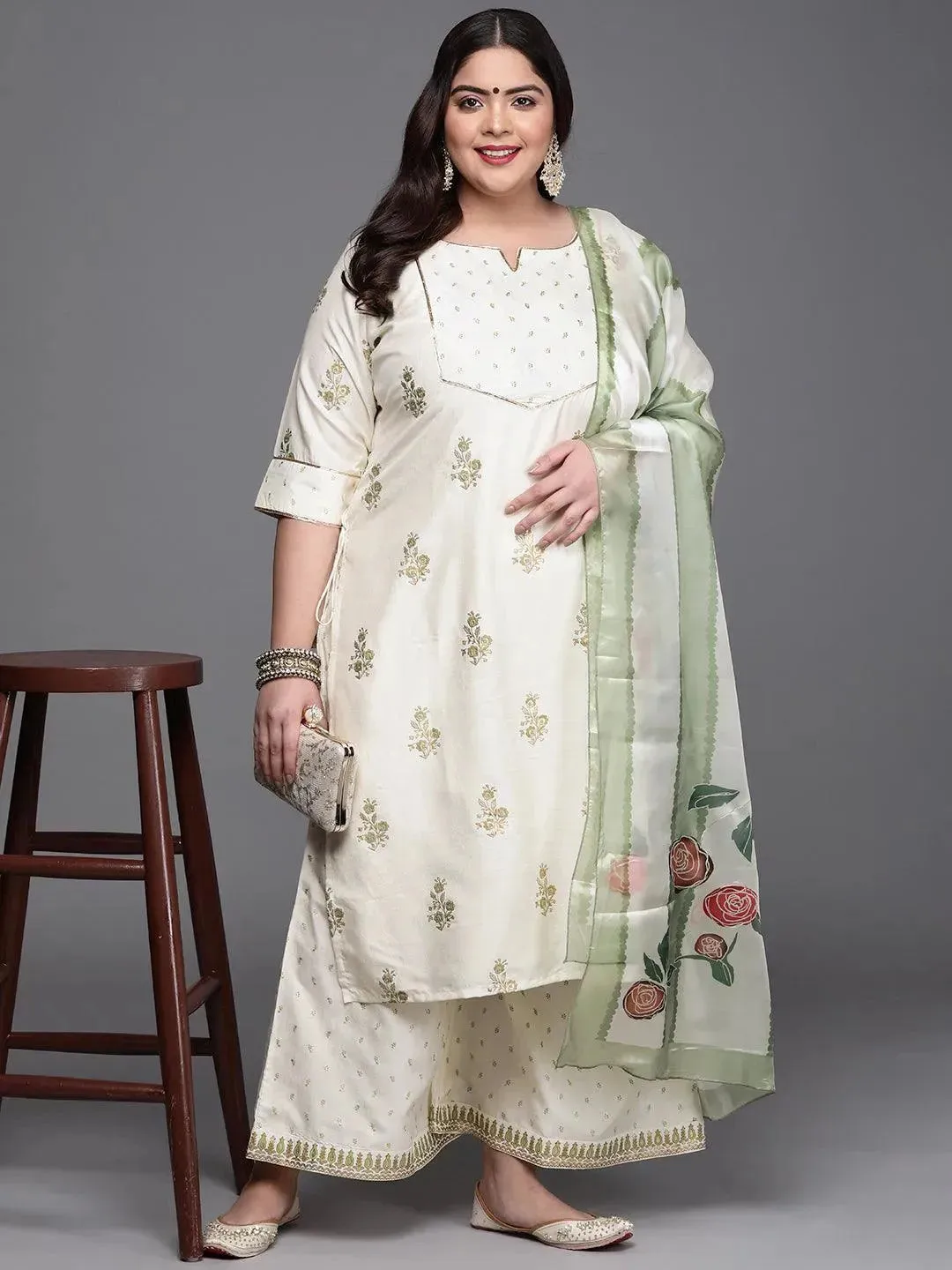 Plus Size Cream Yoke Design Silk Blend Straight Kurta With Palazzos & Dupatta