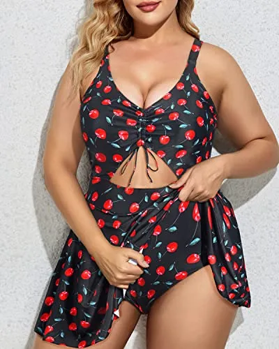 Plus Size Cutout Swim Dress Built-In Bottom Full Bottom Coverage For Women-Black Cherry