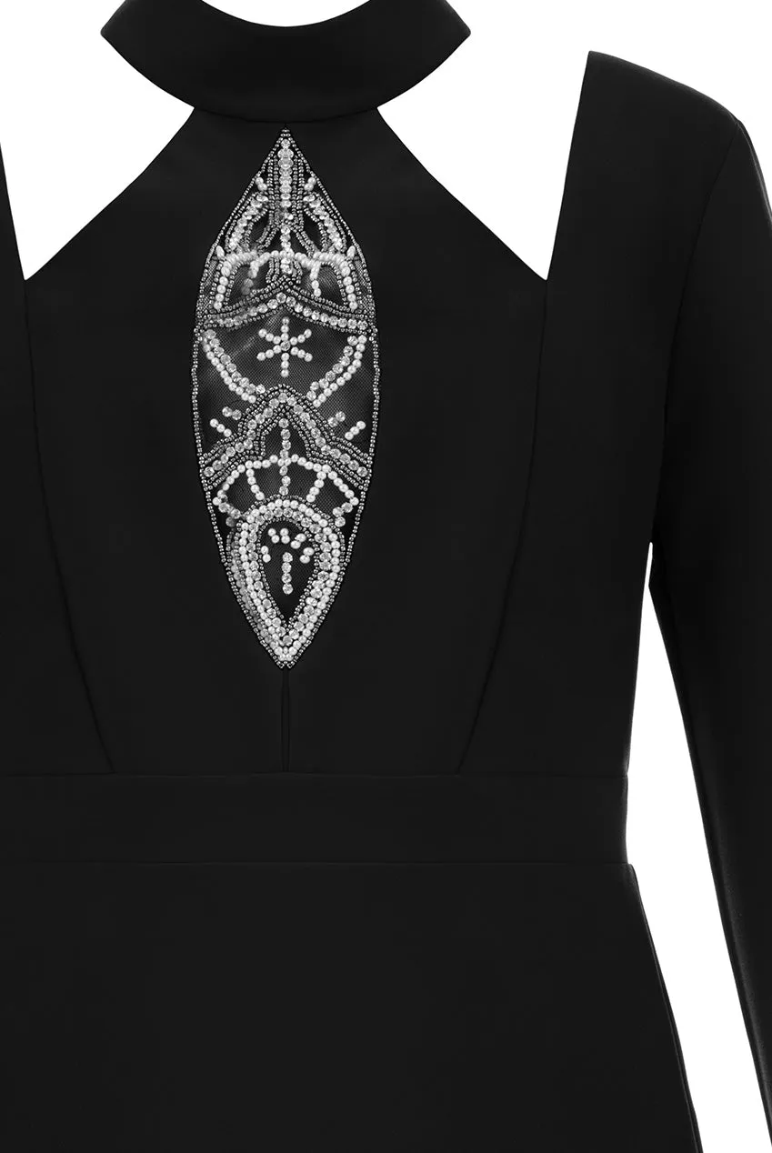 Plus Size Embellished Cut Out Black Midi Dress