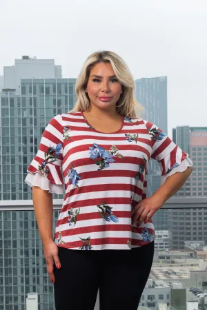 Plus Size Floral and Stripes Printed Ruffle Short Sleeve Top* (ET1077P)