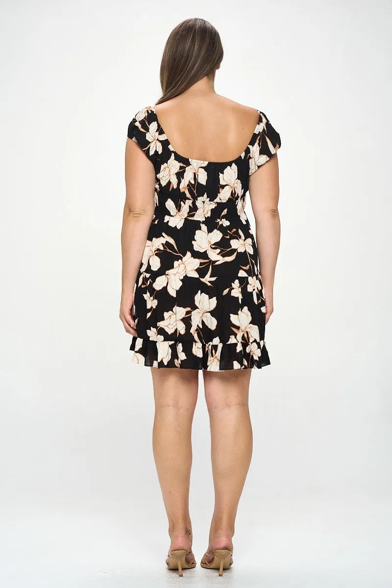 Plus Size Floral Ruffle Tie Black Mini Dress