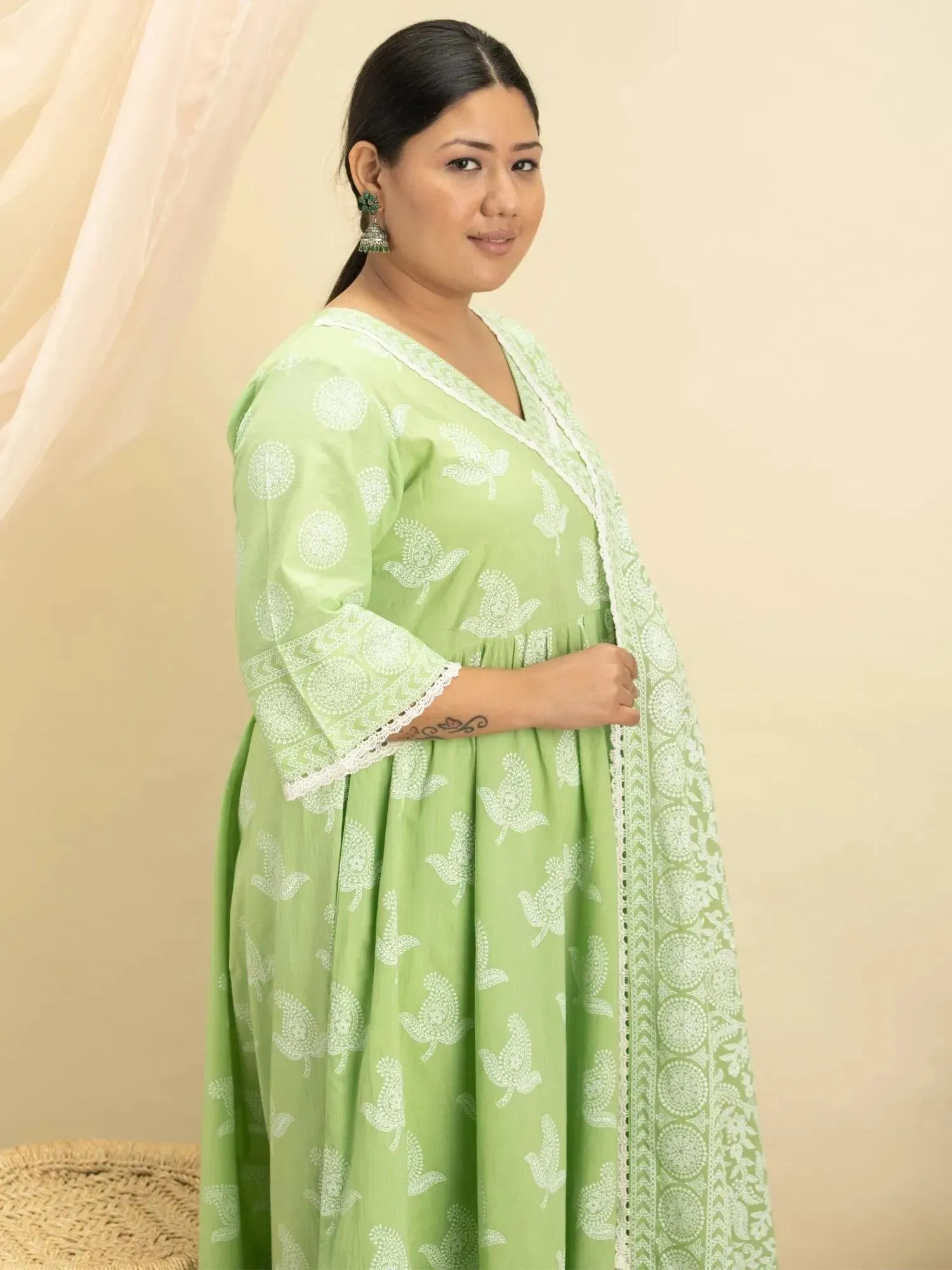 Plus Size Green Printed Cotton Anarkali Kurta With Palazzos & Dupatta