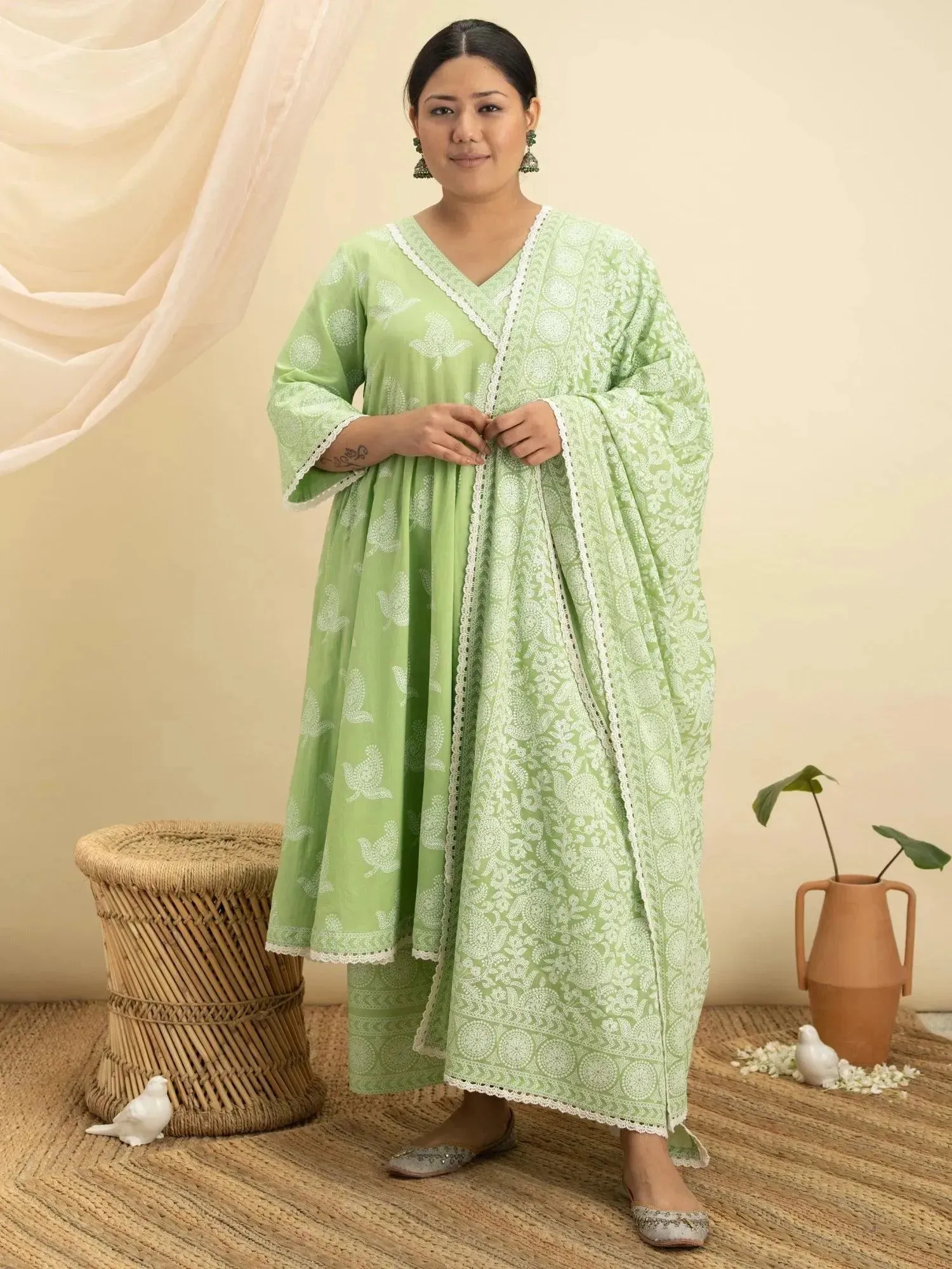 Plus Size Green Printed Cotton Anarkali Kurta With Palazzos & Dupatta