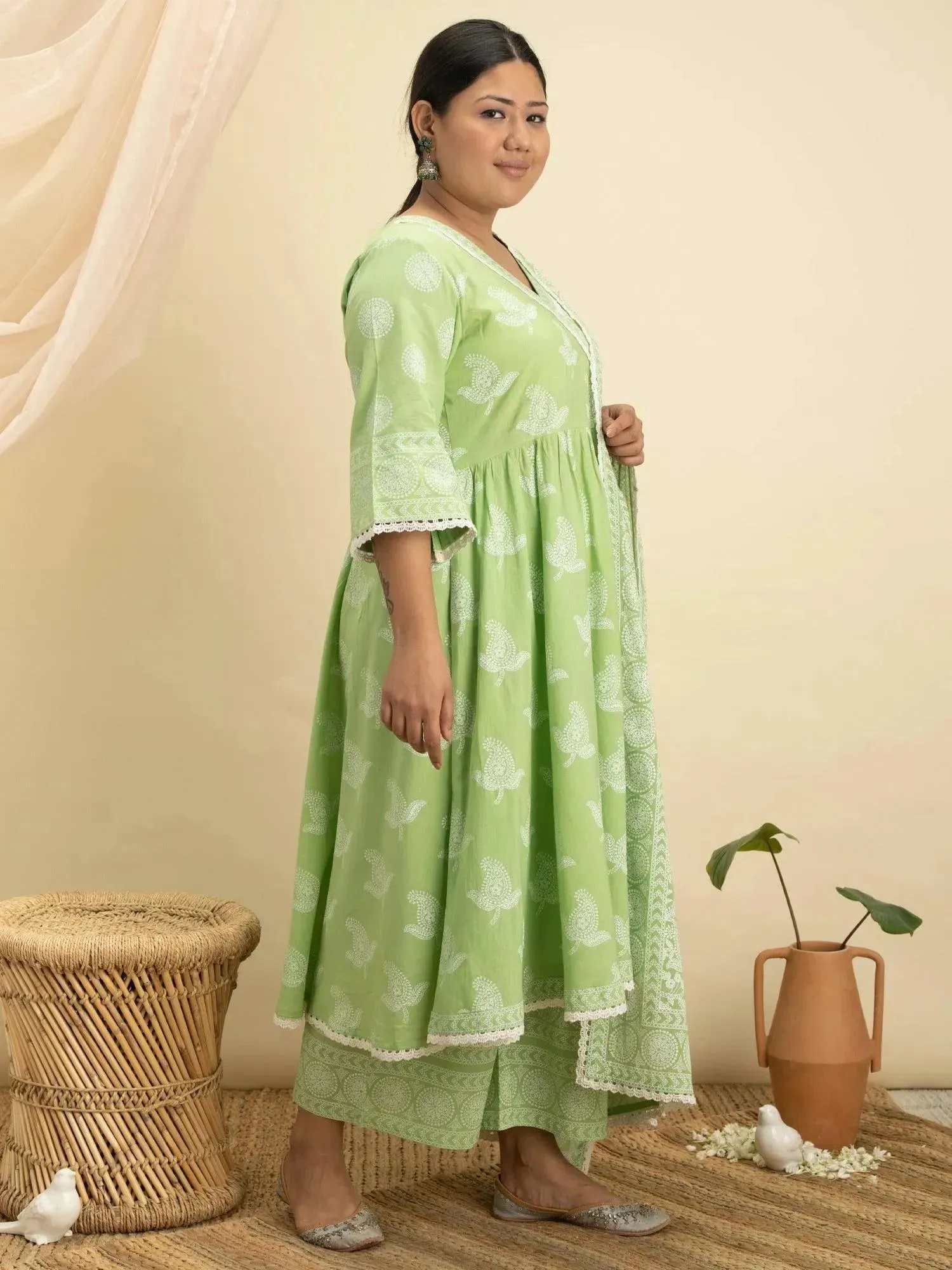 Plus Size Green Printed Cotton Anarkali Kurta With Palazzos & Dupatta