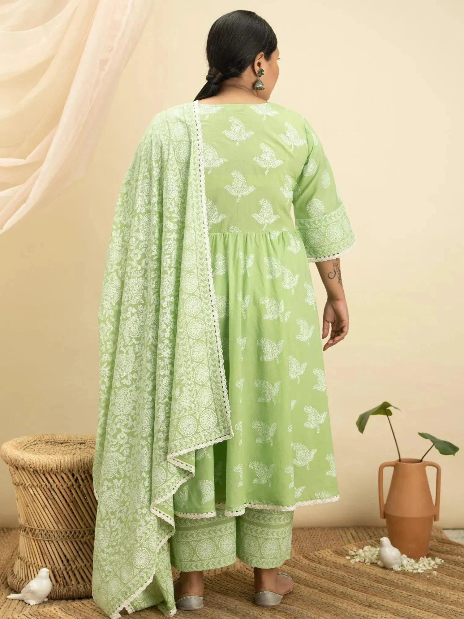 Plus Size Green Printed Cotton Anarkali Kurta With Palazzos & Dupatta