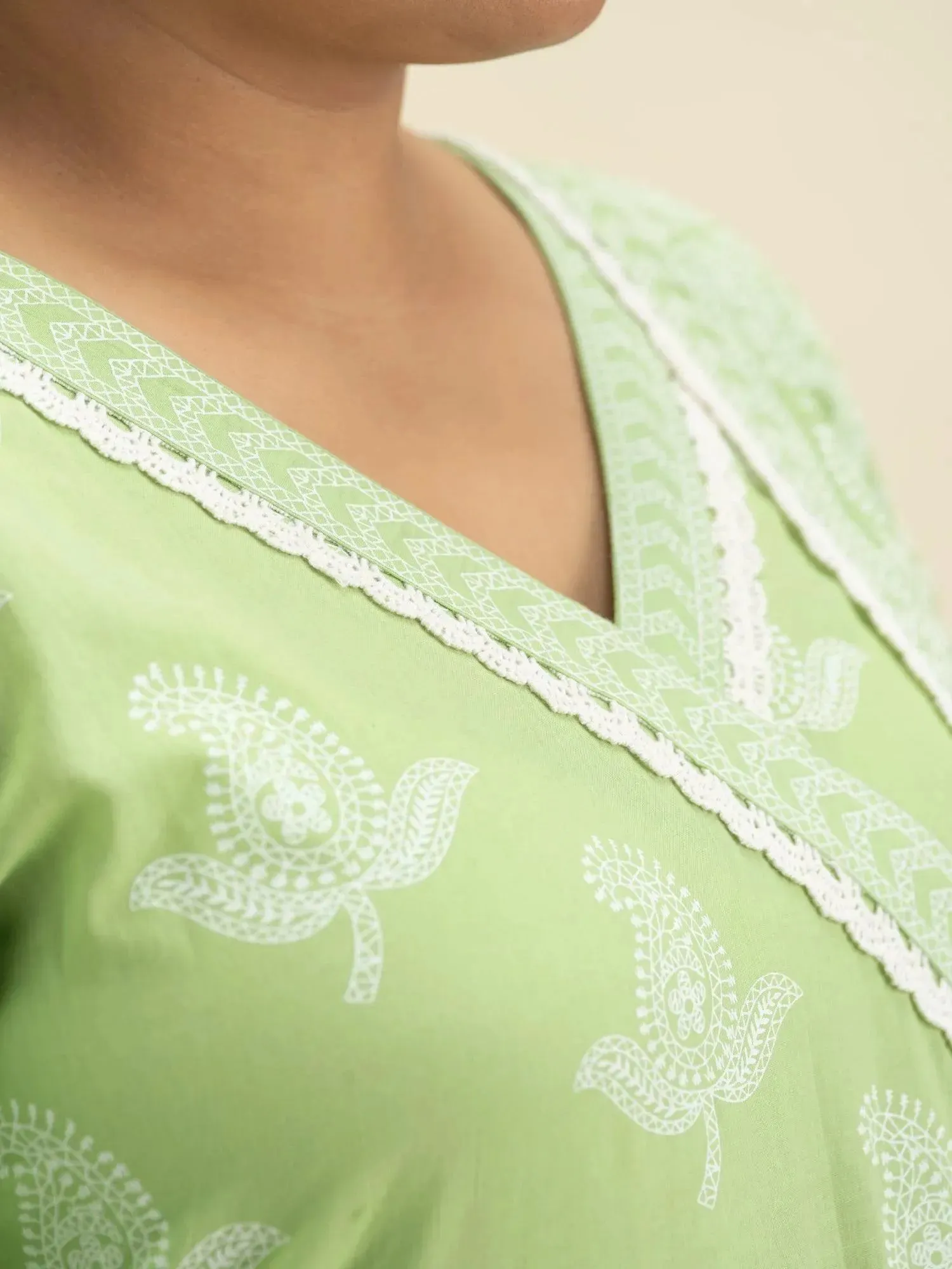 Plus Size Green Printed Cotton Anarkali Kurta With Palazzos & Dupatta