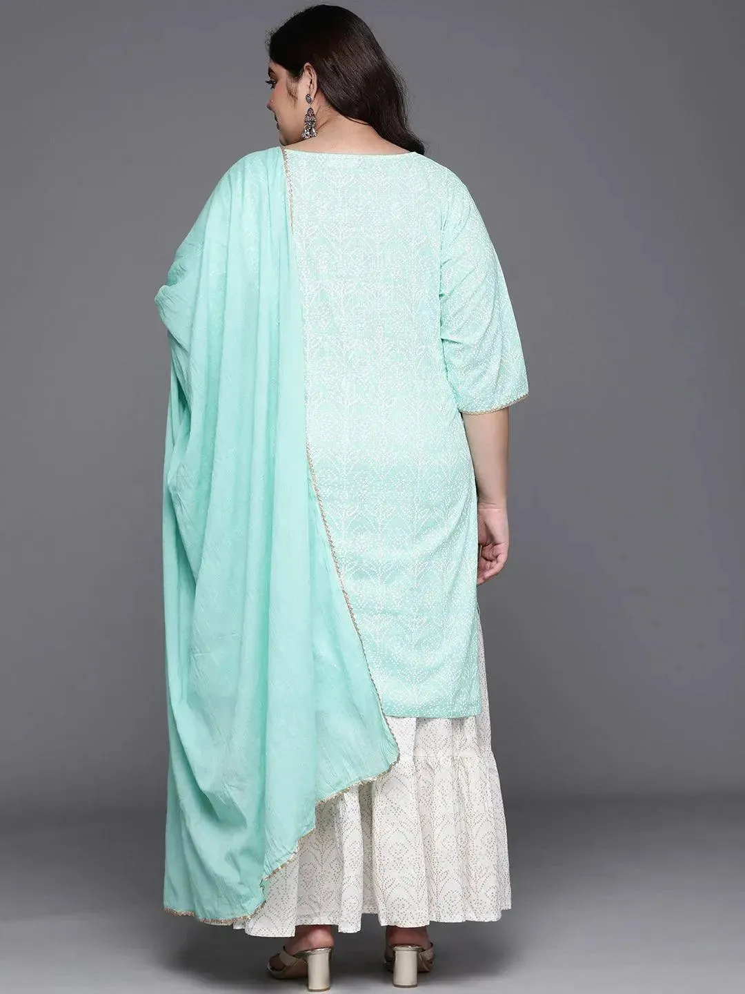 Plus Size Green Printed Cotton Straight Kurta With Skirt & Dupatta