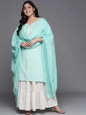 Plus Size Green Printed Cotton Straight Kurta With Skirt & Dupatta