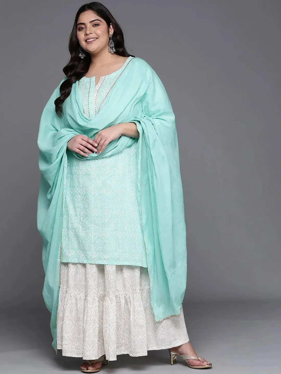 Plus Size Green Printed Cotton Straight Kurta With Skirt & Dupatta