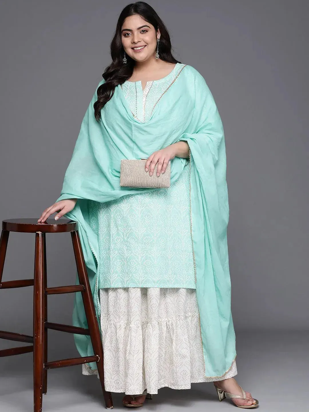 Plus Size Green Printed Cotton Straight Kurta With Skirt & Dupatta